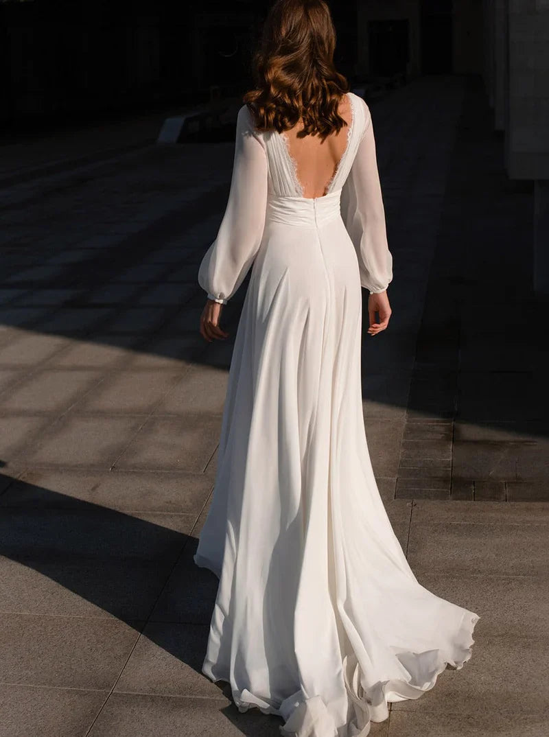 A-Line Boho V Neck Long Sleeve Wedding Dress