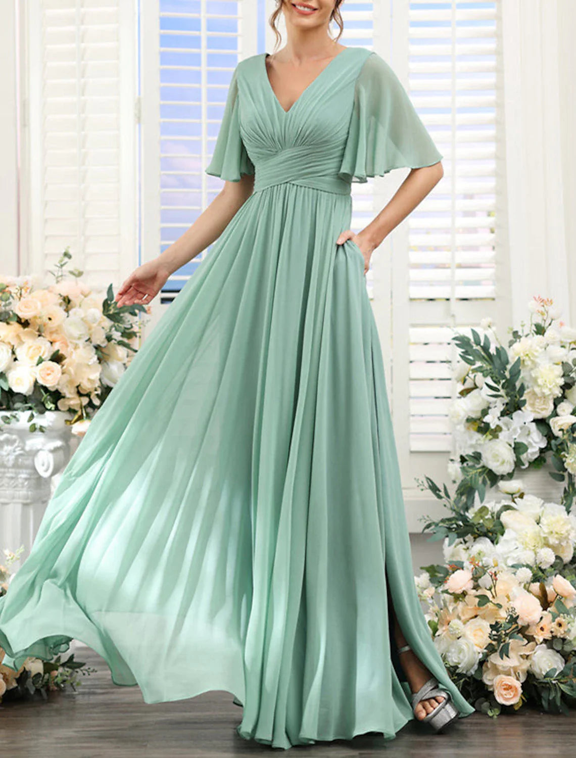 A-Line Bridesmaid Dress V Neck Short Sleeve Elegant Floor Length Chiffon