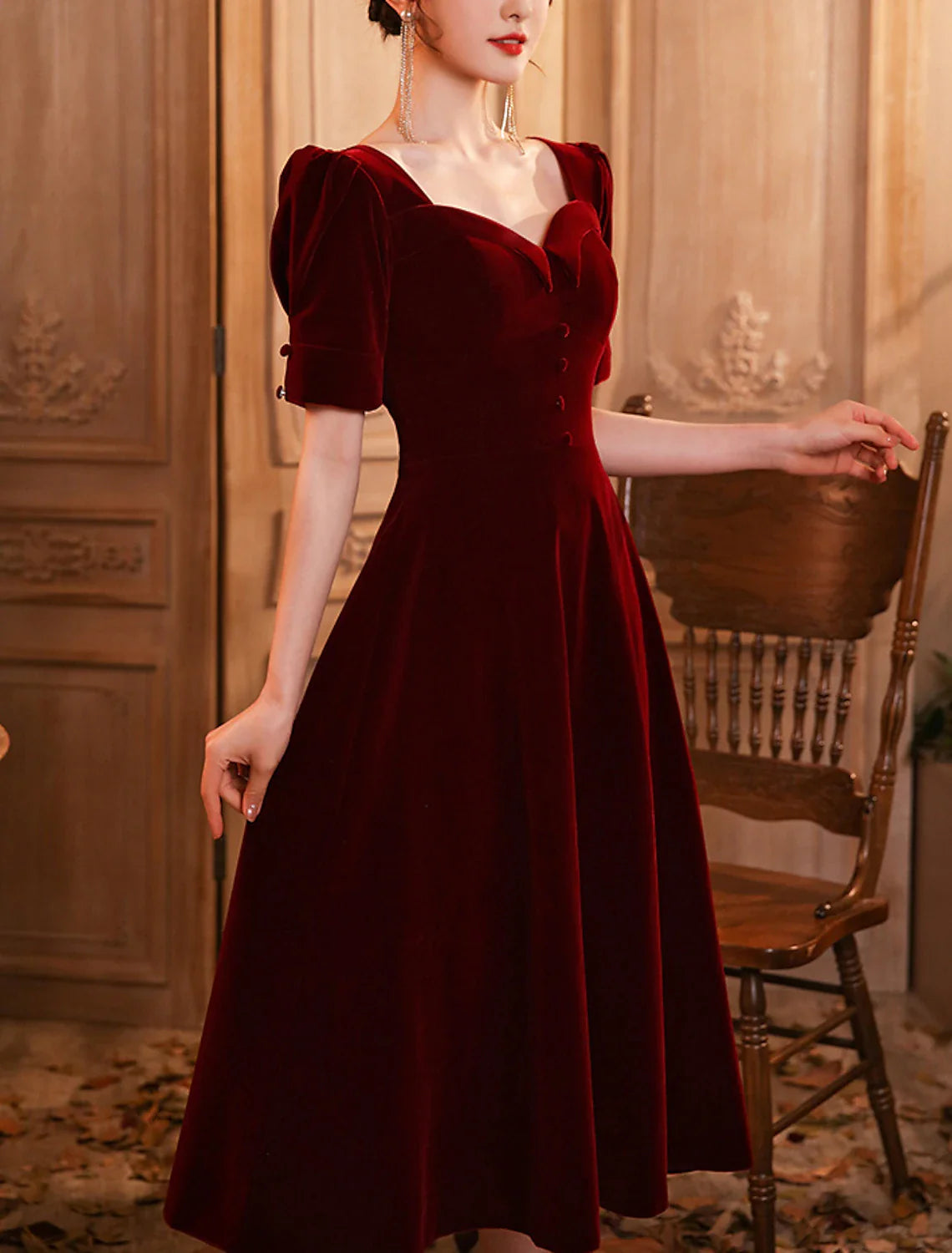 A-Line Cocktail Dresses Elegant Dress Wedding Guest Homecoming Tea Length Half Sleeve Scoop Neck Velvet with Buttons