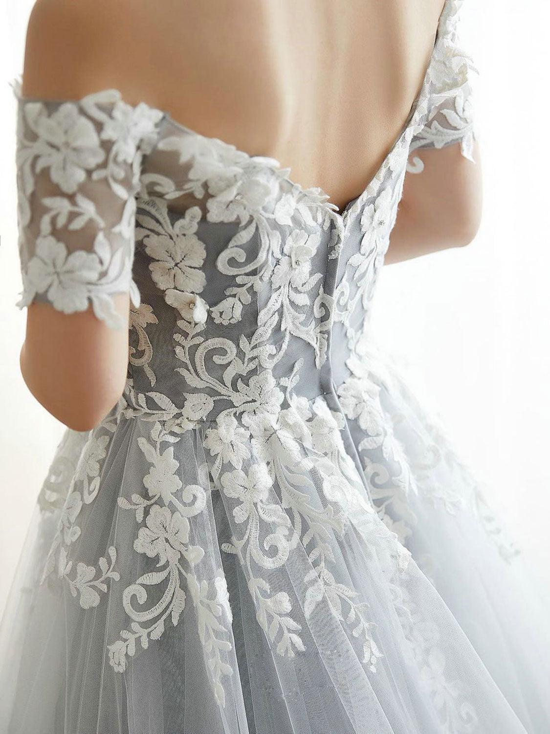 A-Line Gray Tulle Lace Long Prom Dresses, Gray Formal Evening Dress