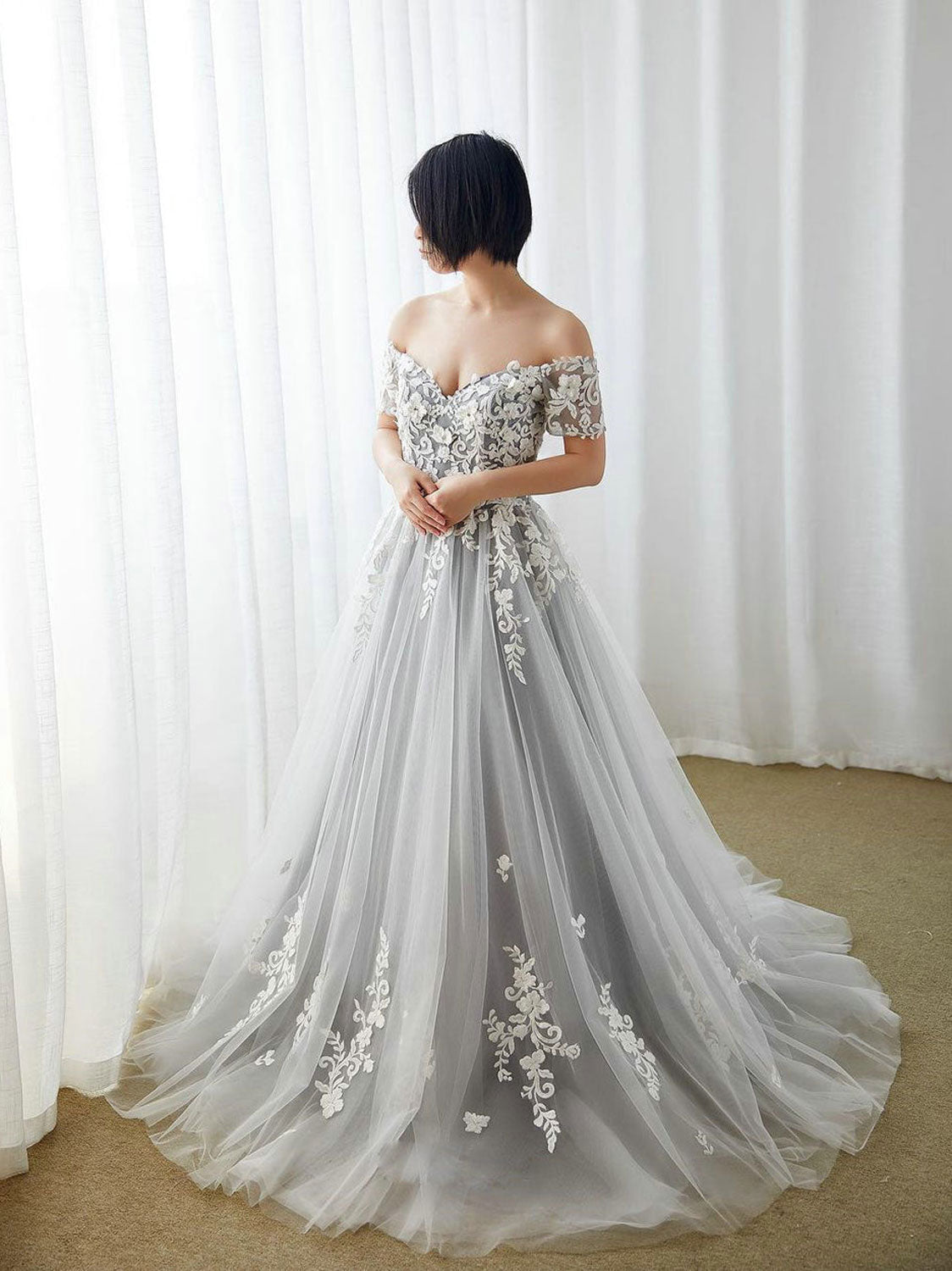 A-Line Gray Tulle Lace Long Prom Dresses, Gray Formal Evening Dress