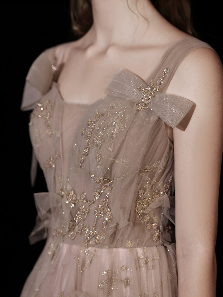 A-Line Champagne Tulle Lace Long Prom Dress, Champagne Long Evening Dress