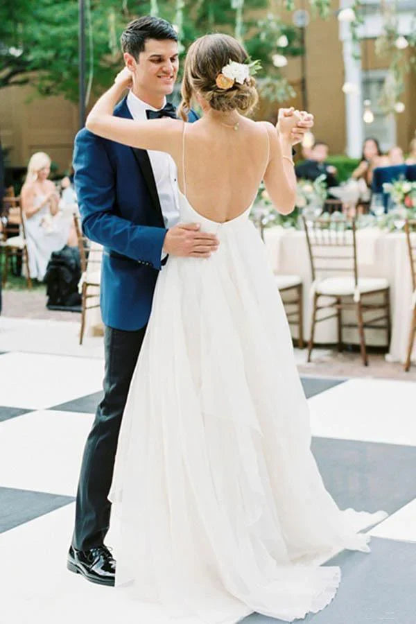 A Line Charming V Neck Backless Ivory Tulle Wedding Dresses