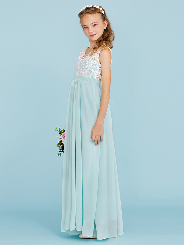 Chiffon Lace Junior Flower Girl Dress - Sheath Column V Neck Floor Length with Sash Ribbon Open Back for Wedding Party