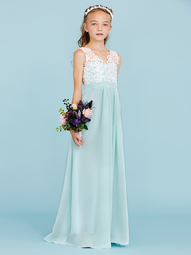 Chiffon Lace Junior Flower Girl Dress - Sheath Column V Neck Floor Length with Sash Ribbon Open Back for Wedding Party