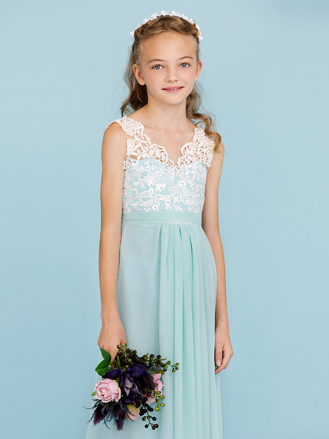 Chiffon Lace Junior Flower Girl Dress - Sheath Column V Neck Floor Length with Sash Ribbon Open Back for Wedding Party