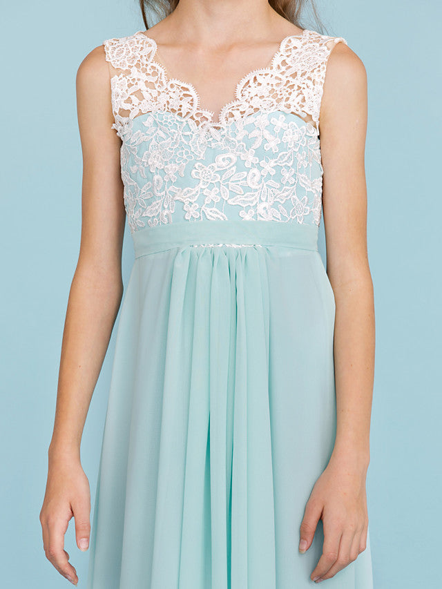 Chiffon Lace Junior Flower Girl Dress - Sheath Column V Neck Floor Length with Sash Ribbon Open Back for Wedding Party