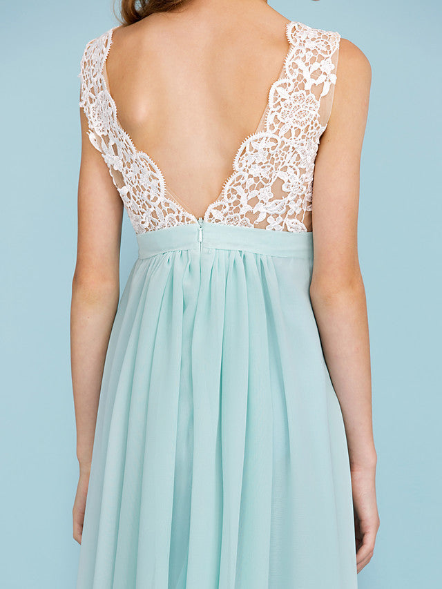 Chiffon Lace Junior Flower Girl Dress - Sheath Column V Neck Floor Length with Sash Ribbon Open Back for Wedding Party