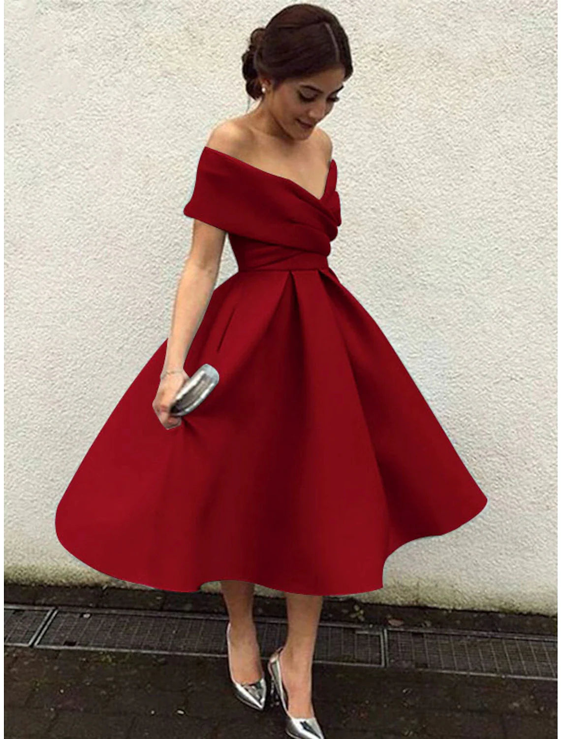 A-Line Cocktail Dresses 1950s Dress Wedding Guest Christmas Red Green Dress Tea Length Short Sleeve V Neck  Fabric V Back with Pleats