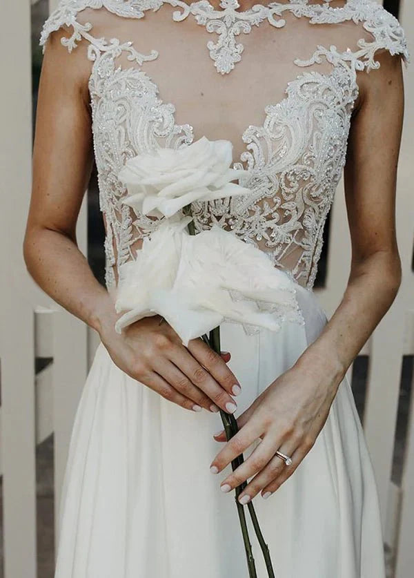 A-Line Cap Sleeve Long Backless Wedding Dresses with Appliques