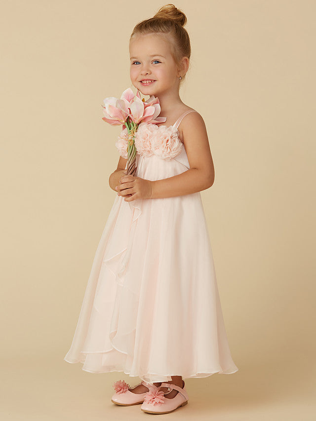 Column Sleeveless Straps Tea Length Flower Girl Dress in Chiffon with Handmade Flower
