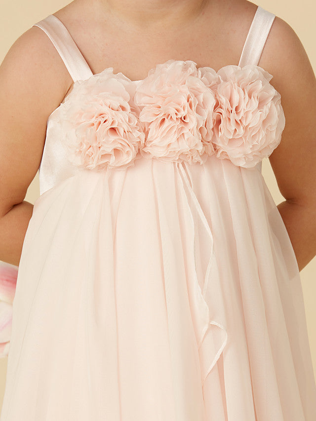 Column Sleeveless Straps Tea Length Flower Girl Dress in Chiffon with Handmade Flower