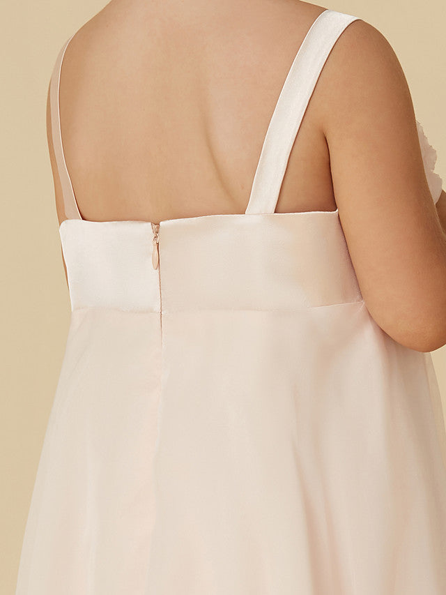 Column Sleeveless Straps Tea Length Flower Girl Dress in Chiffon with Handmade Flower