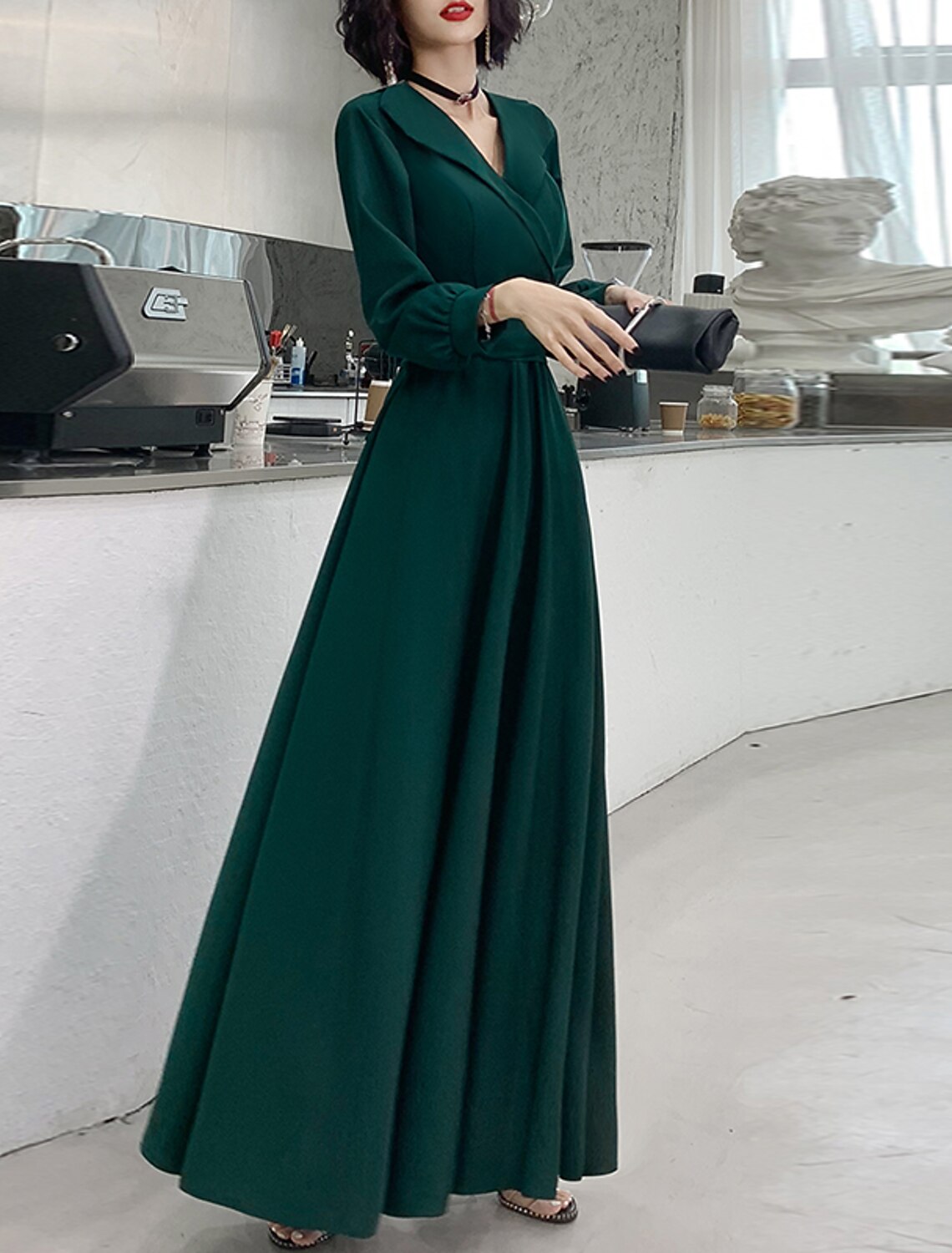 A-Line Evening Gown Minimalist Dress Prom Formal Evening Floor Length Long Sleeve V Neck  Fabric with Sash / Ribbon