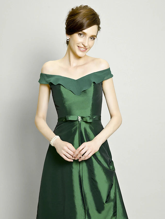 A-Line Mother of the Bride Dress Elegant High Low Off Shoulder Asymmetrical Chiffon Taffeta Short Sleeve with Pick Up Skirt Bow(s)