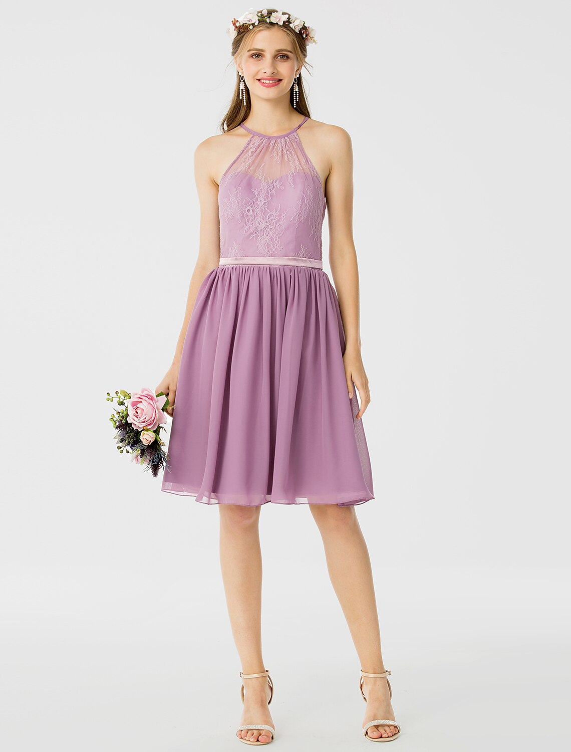A-Line / Princess Halter Neck Knee Length Chiffon / Corded Lace Bridesmaid Dress with Sash / Ribbon / Pleats