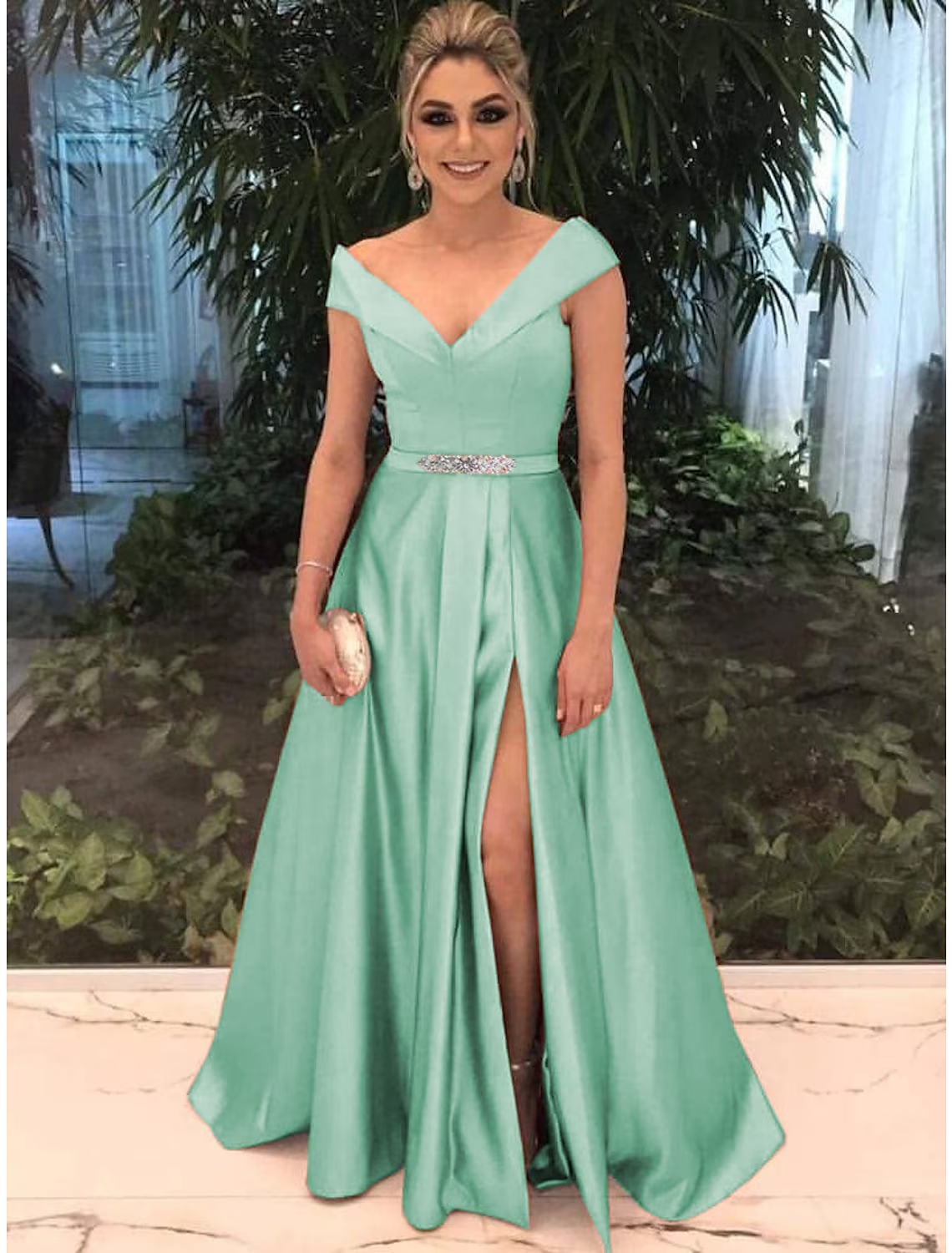 A-Line Elegant Prom Formal Evening Valentine's Day Dress Off Shoulder Short Sleeve Satin with Split Front