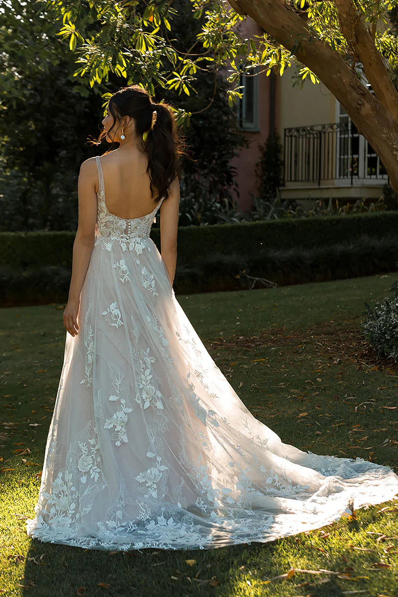 A Line Boho V Neck Lace Appliques Sweep Train Wedding Dress