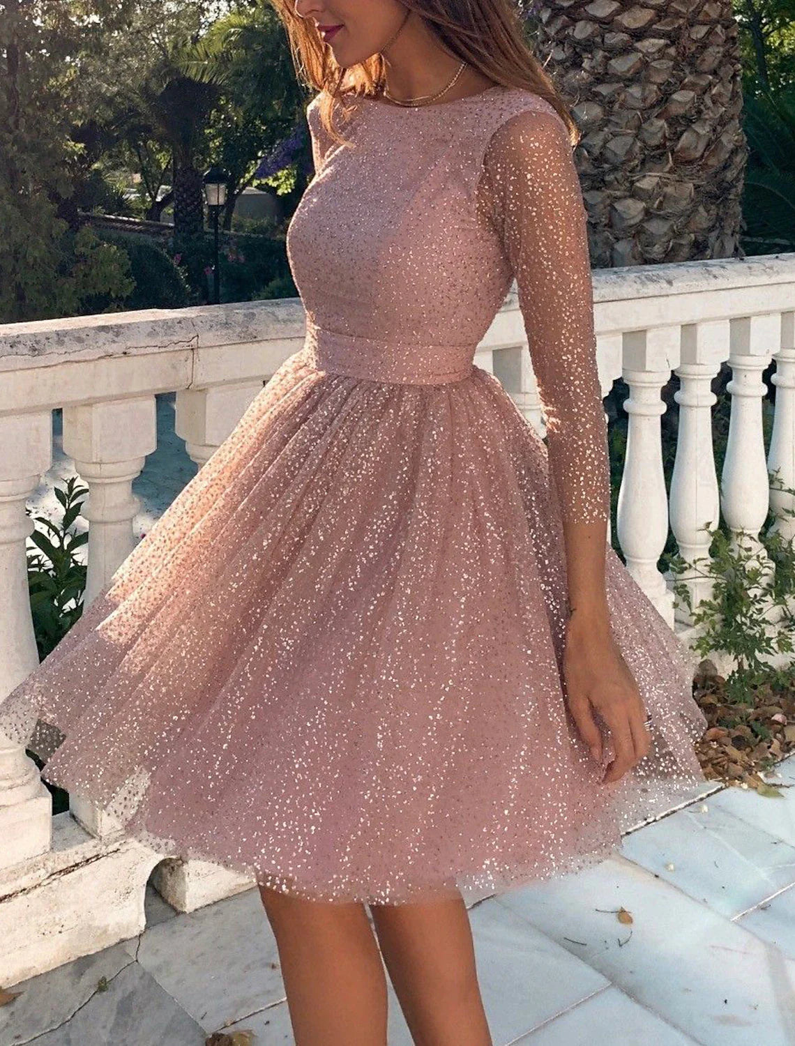 A-Line Cocktail Dresses Cute Dress Homecoming Graduation Knee Length 3/4 Length Sleeve Jewel Neck Fall Wedding Guest Tulle with Pleats Sequin