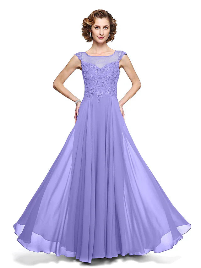 A-Line Mother of the Bride Dress Elegant Jewel Neck Ankle Length Chiffon Lace Sleeveless with Appliques