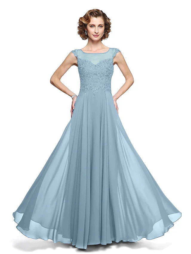 A-Line Mother of the Bride Dress Elegant Jewel Neck Ankle Length Chiffon Lace Sleeveless with Appliques