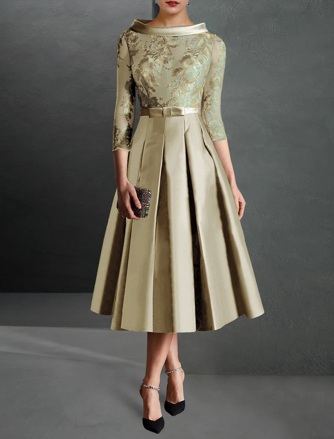 A-Line Cocktail Dress Christmas Red Green Dresses Formal Kentucky Derby Tea Length 3/4 Length Sleeve Jewel Neck Fall Wedding Guest Satin with Pleats Appliques 2025