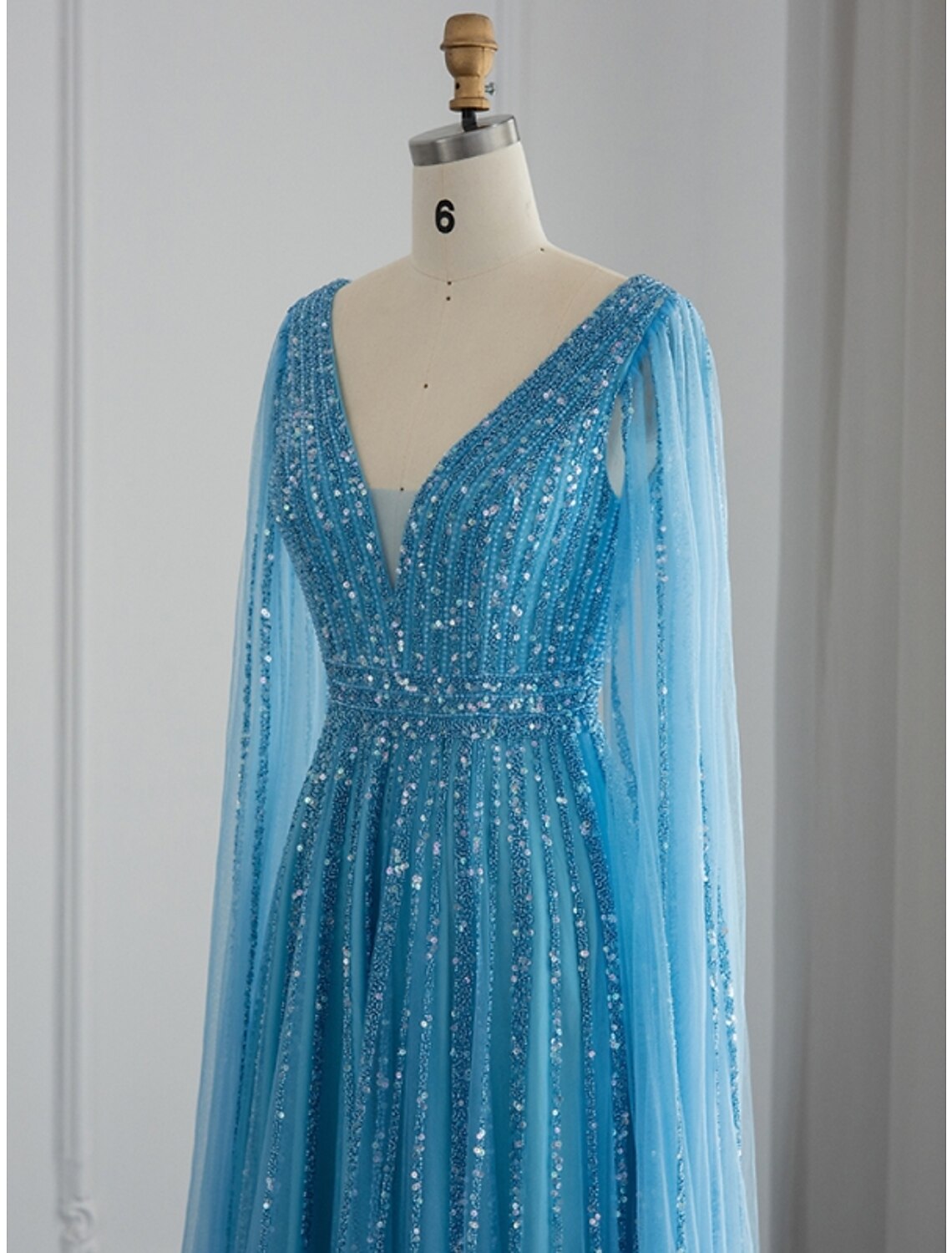 A-Line Evening Gown Sparkle & Shine Dress Formal Fall Sweep / Brush Train Long Sleeve V Neck Sequined with Glitter Pleats