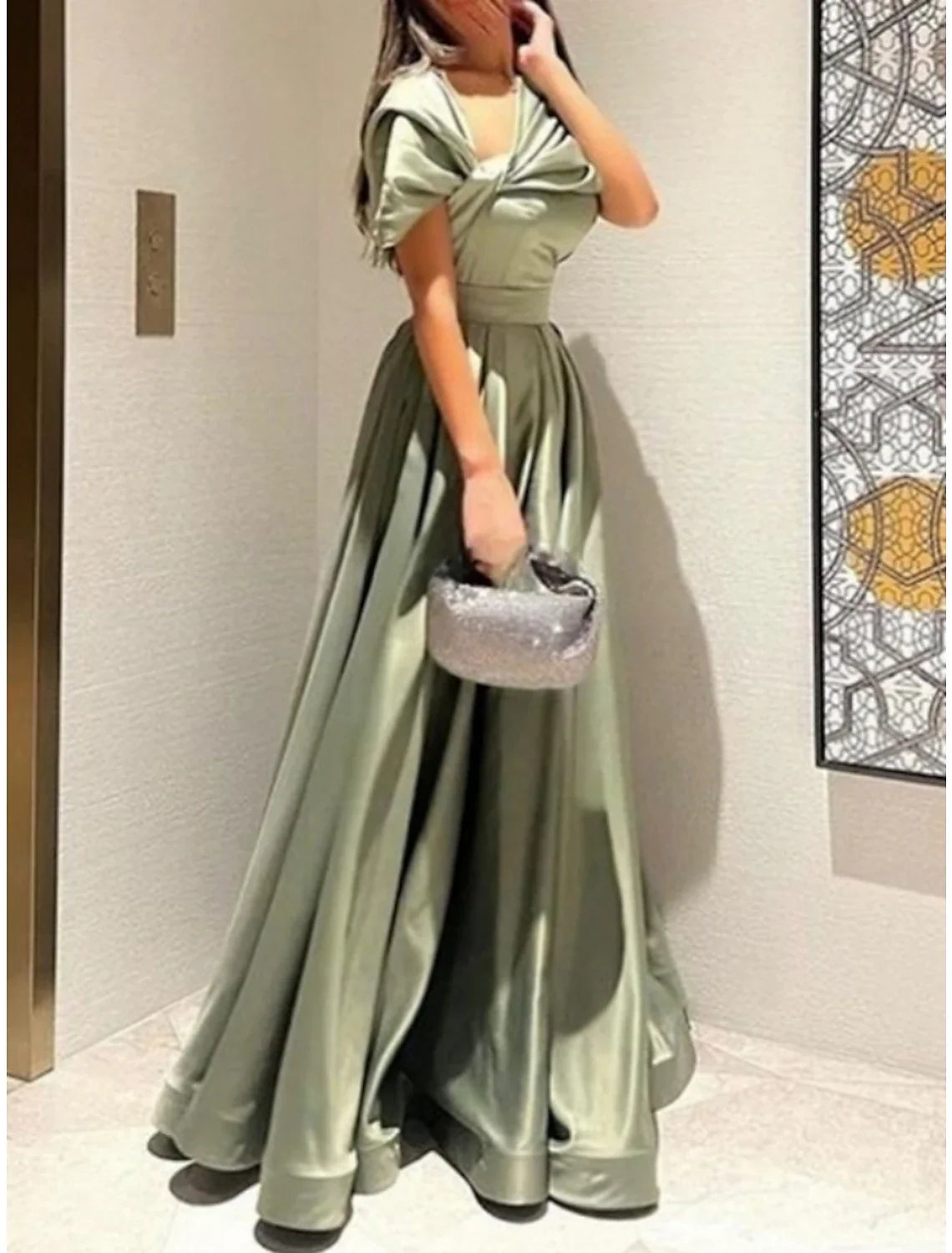A-Line Evening Gown Elegant Dress Formal Floor Length Christmas Red Green Dress Short Sleeve Off Shoulder Satin with Pleats Ruched 2025