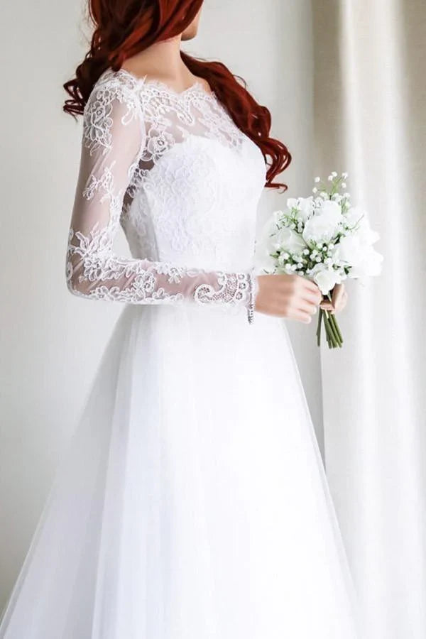 A-line Elegant Long Sleeves White Lace Bridal Gowns Wedding Dress