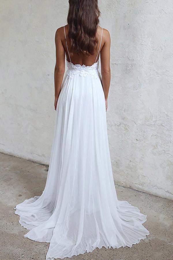 A-line Elegant Straps White Long Chiffon Beach Wedding Dress