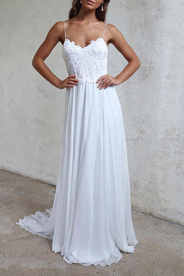 A-line Elegant Straps White Long Chiffon Beach Wedding Dress