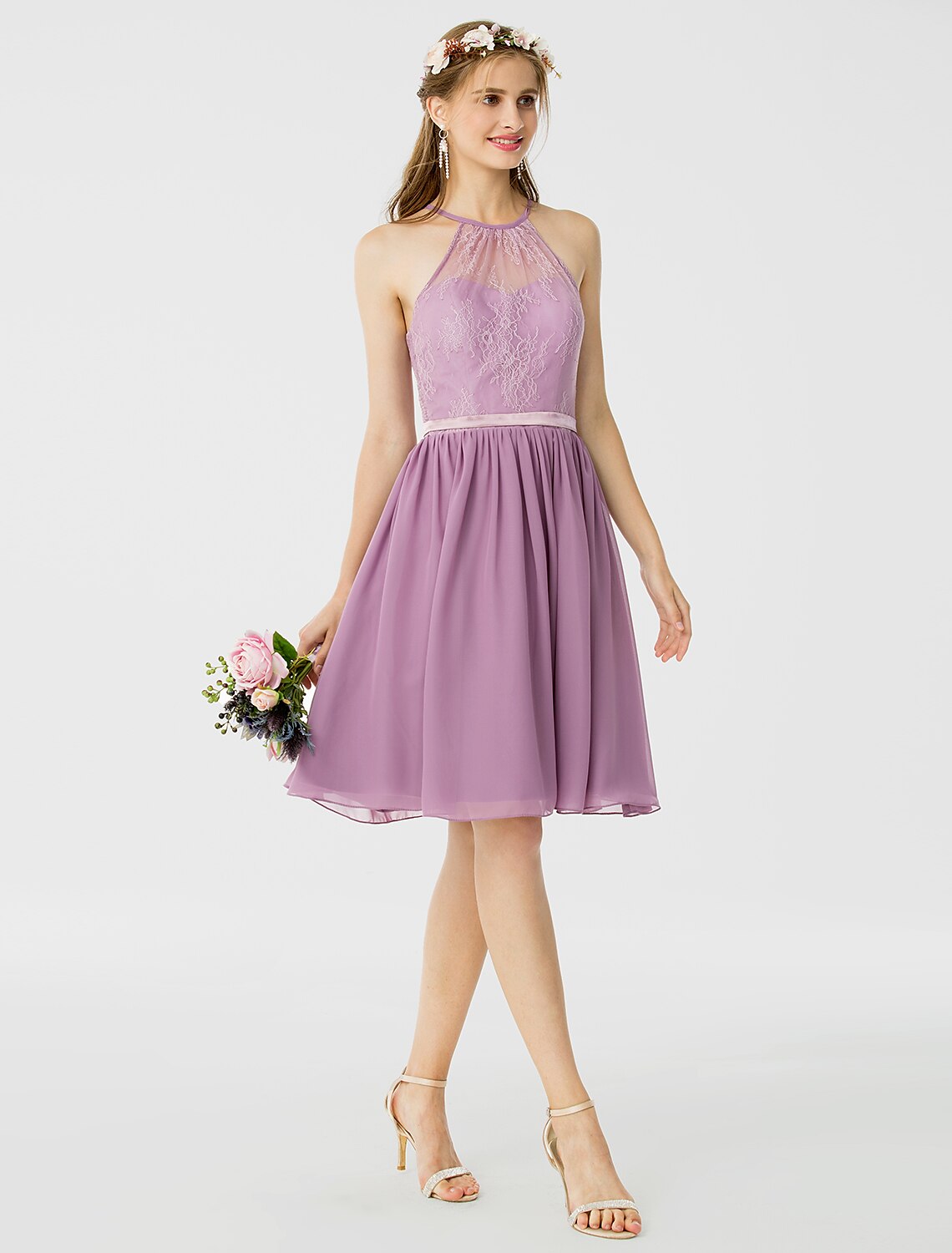 A-Line / Princess Halter Neck Knee Length Chiffon / Corded Lace Bridesmaid Dress with Sash / Ribbon / Pleats