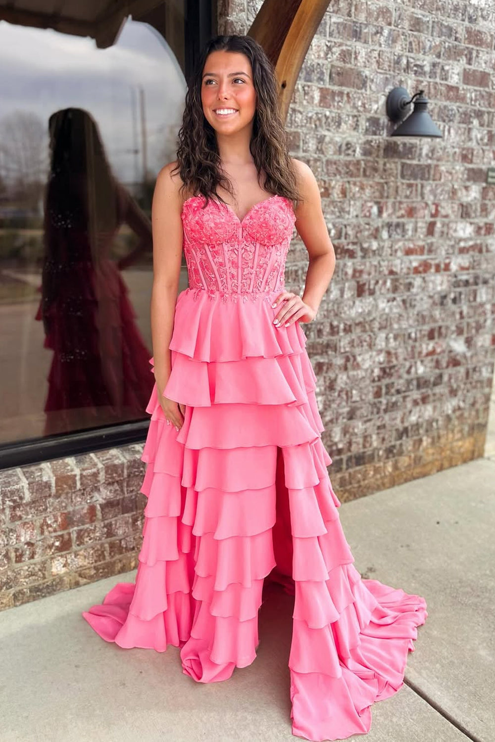 A-Line Chiffon Sweetheart Pink Ruffle Tiered Long Prom Dresses