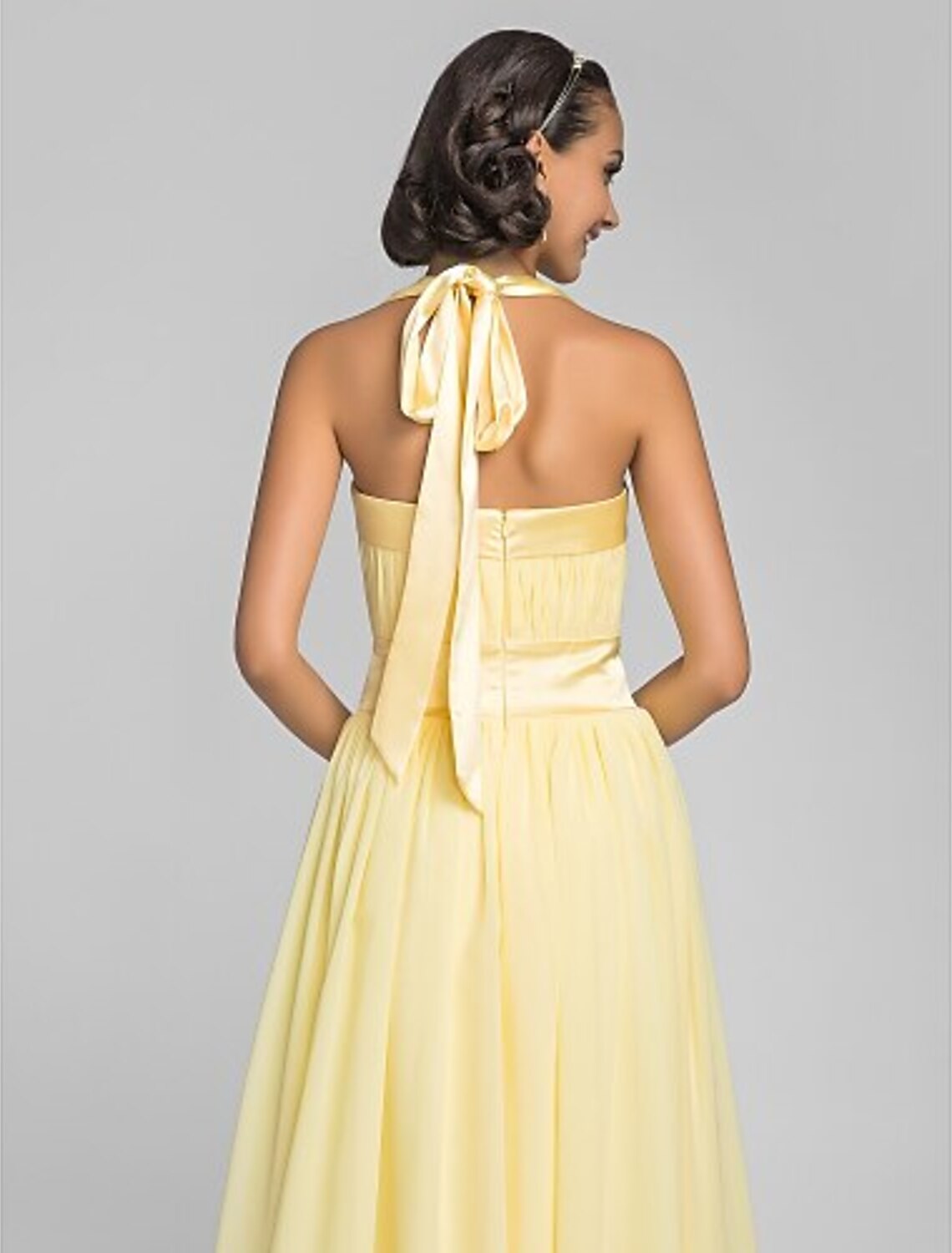 A-Line Halter Tea Length Chiffon Stretch Satin Bridesmaid Dress with Draping Bandage