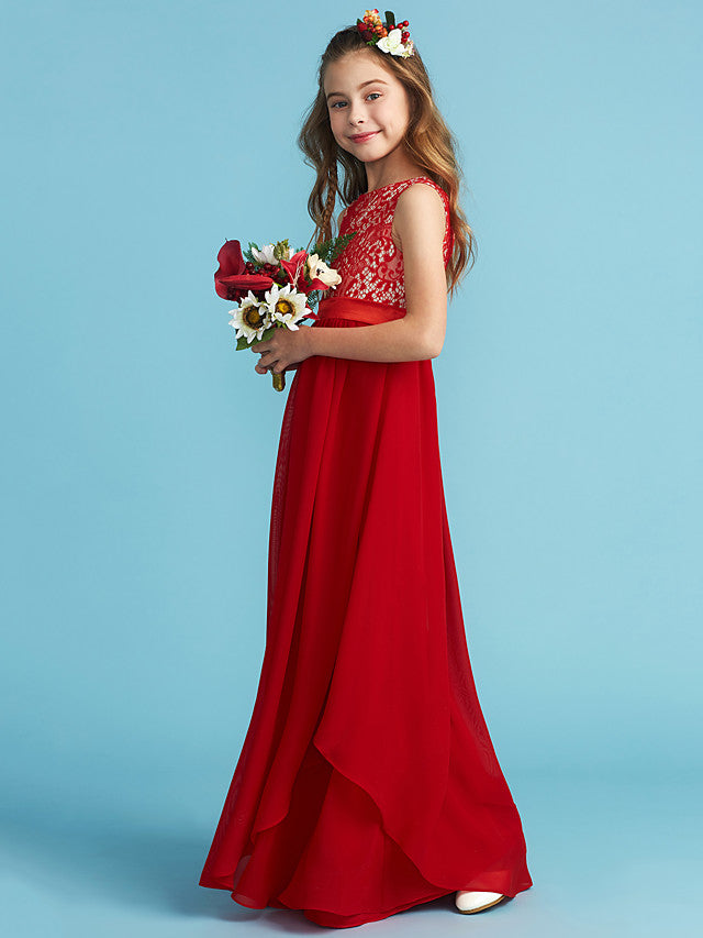 Flower Girl Dress with Chiffon Lace and Sash Ribbon Appliques - Sheath Column Jewel Neck Floor Length