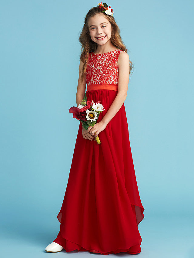 Flower Girl Dress with Chiffon Lace and Sash Ribbon Appliques - Sheath Column Jewel Neck Floor Length