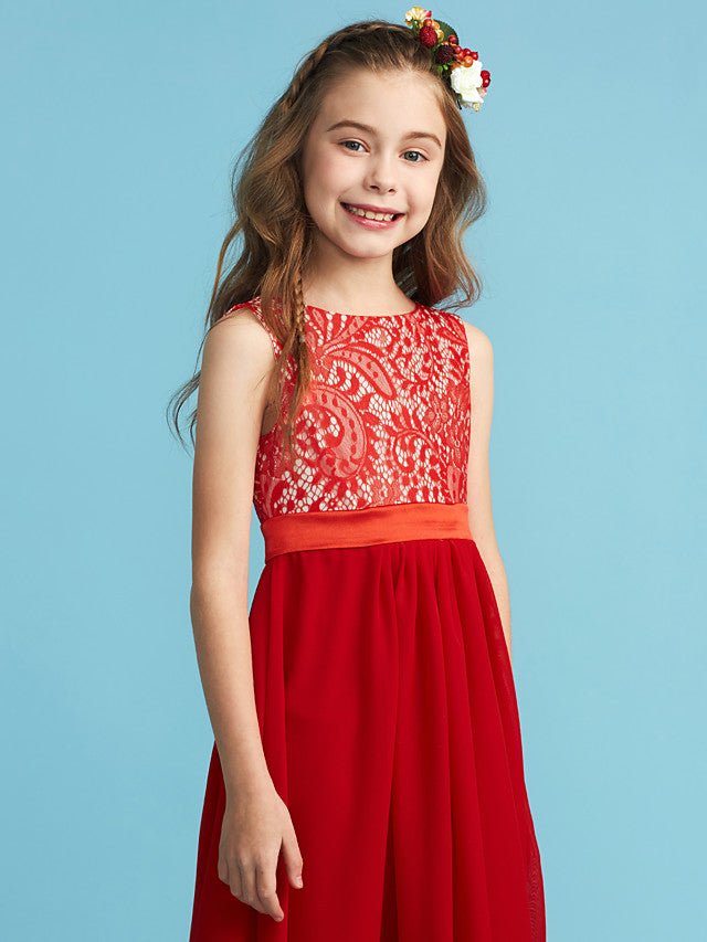 Flower Girl Dress with Chiffon Lace and Sash Ribbon Appliques - Sheath Column Jewel Neck Floor Length
