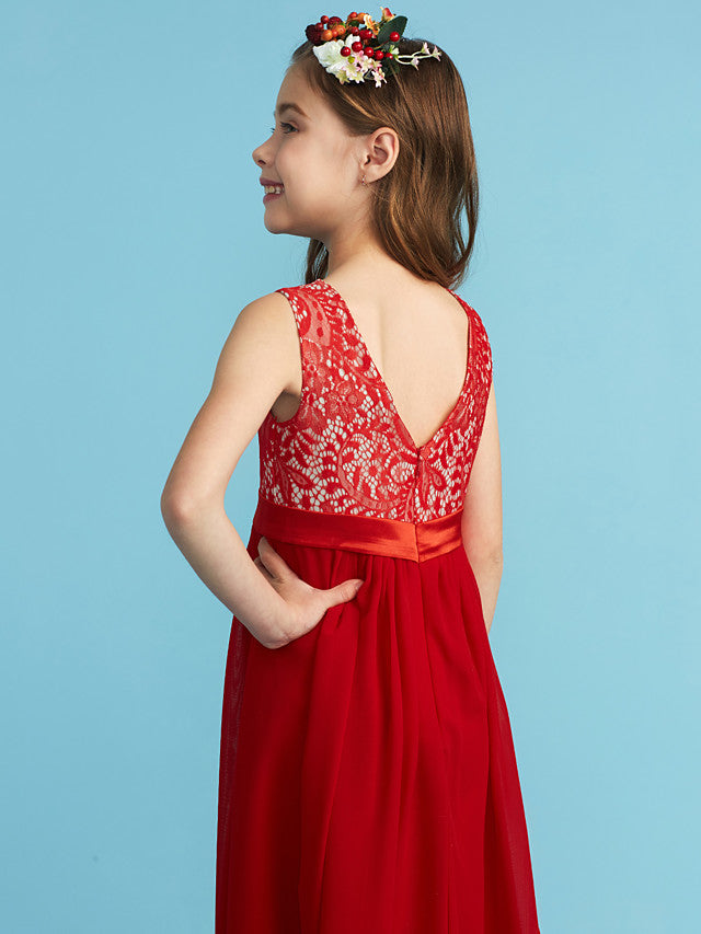 Flower Girl Dress with Chiffon Lace and Sash Ribbon Appliques - Sheath Column Jewel Neck Floor Length