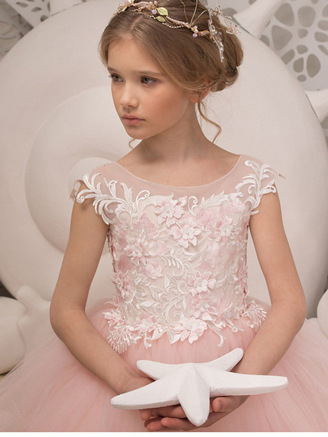 Flower Girl Dresses - Sleeveless Jewel Neck Ball Gown with Ruffles and Appliques