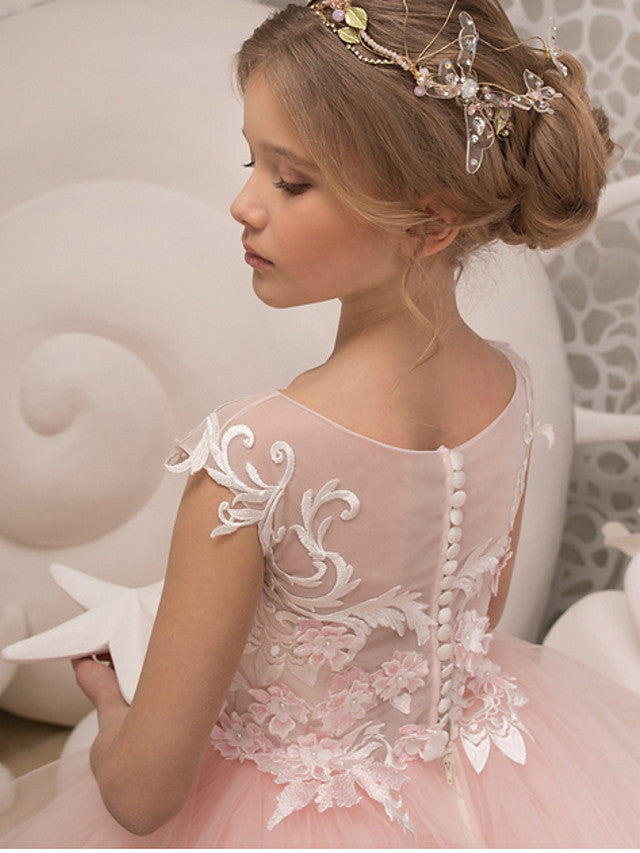 Flower Girl Dresses - Sleeveless Jewel Neck Ball Gown with Ruffles and Appliques