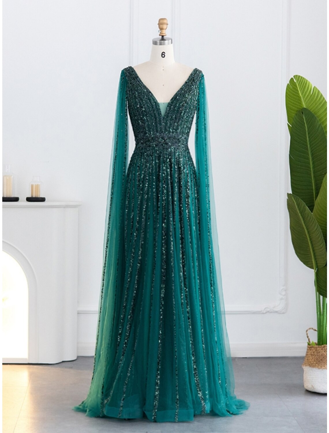 A-Line Evening Gown Sparkle & Shine Dress Formal Fall Sweep / Brush Train Long Sleeve V Neck Sequined with Glitter Pleats