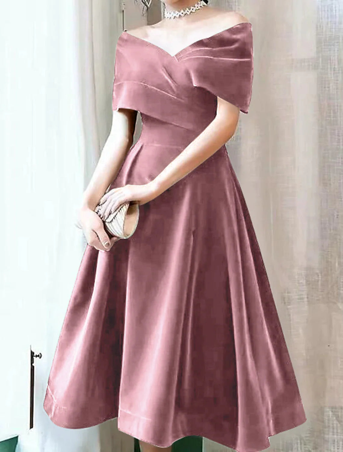 A-Line Cocktail Dresses Elegant Dress Christmas Wedding Guest Knee Length Short Sleeve Off Shoulder Velvet with Pleats Pure Color