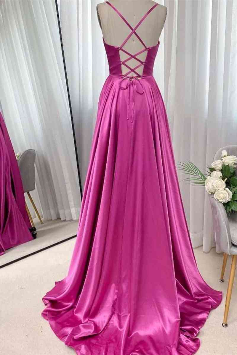 A-Line Long Spaghetti Straps Fuchsia Ruched Prom Dress