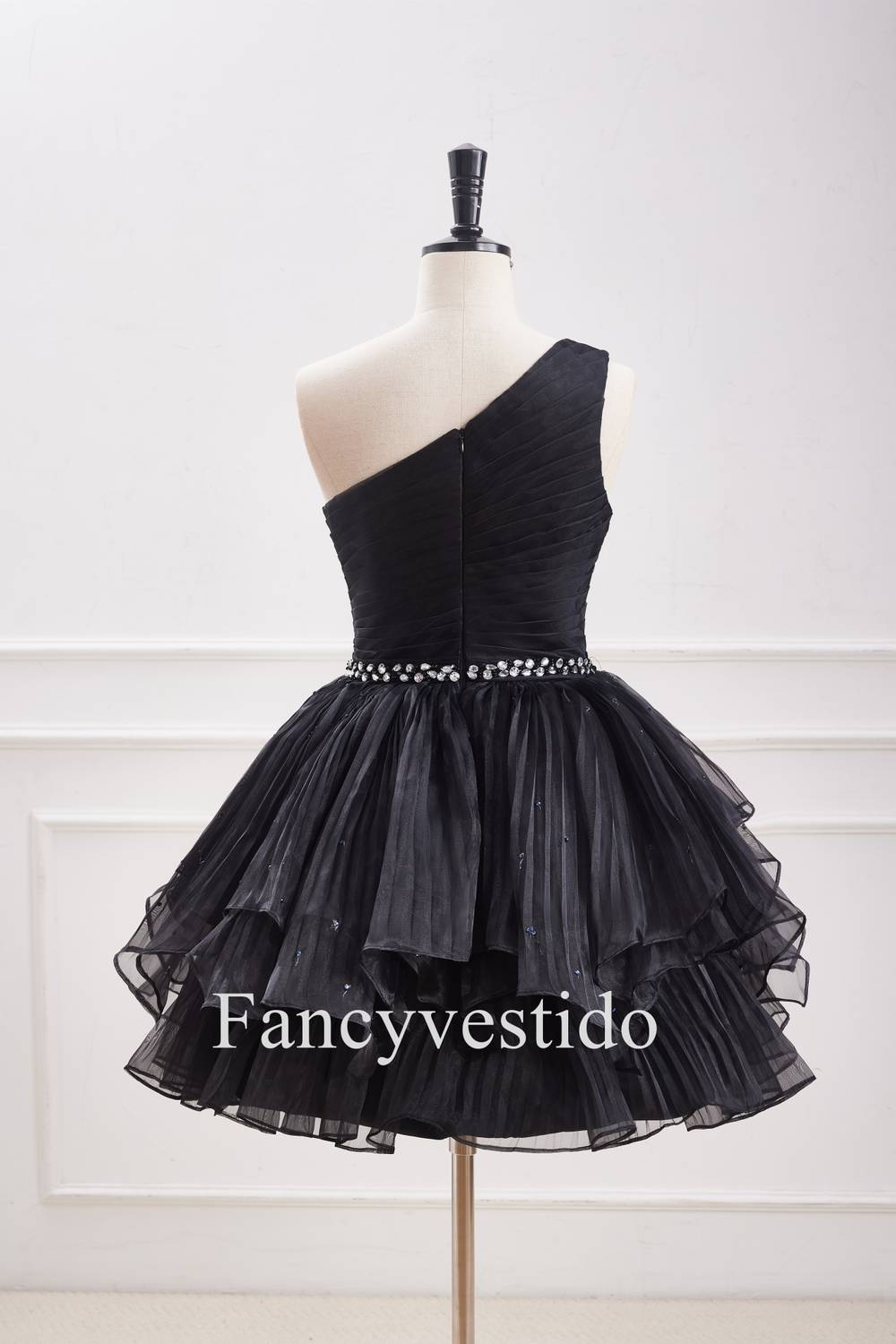 A-Line Black One Shoulder Pleated Ruffle Homecoming Dress with Rhinestones