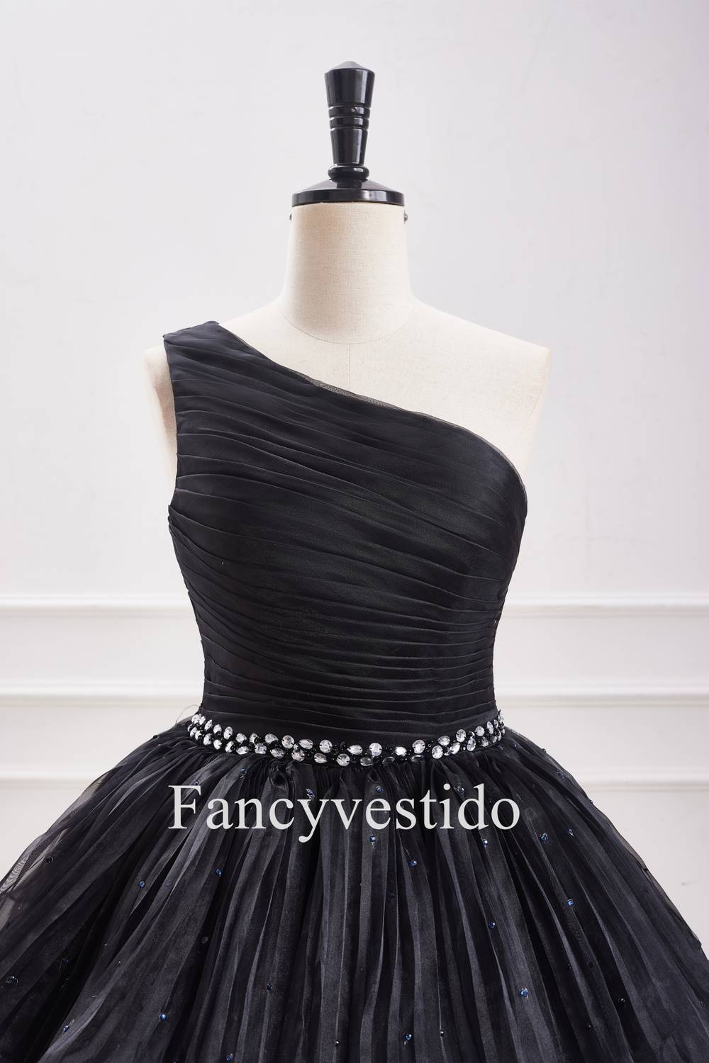 A-Line Black One Shoulder Pleated Ruffle Homecoming Dress with Rhinestones