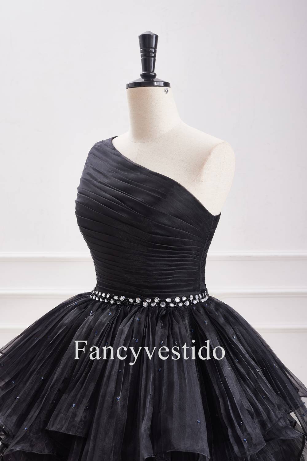 A-Line Black One Shoulder Pleated Ruffle Homecoming Dress with Rhinestones