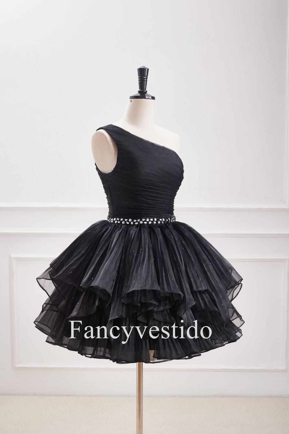 A-Line Black One Shoulder Pleated Ruffle Homecoming Dress with Rhinestones
