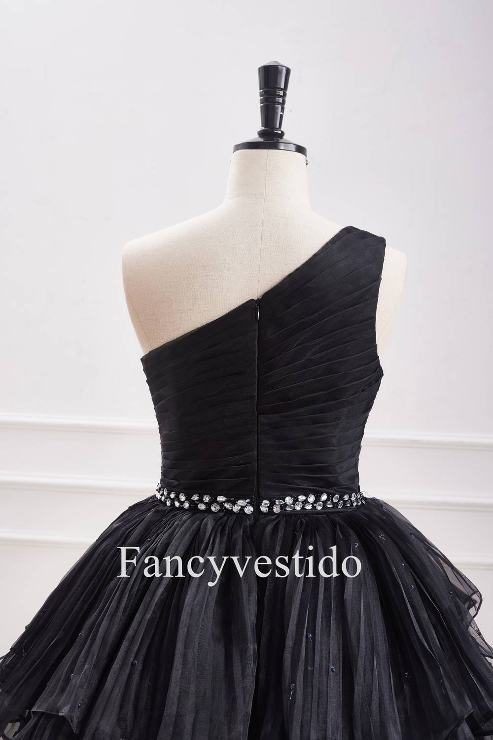 A-Line Black One Shoulder Pleated Ruffle Homecoming Dress with Rhinestones