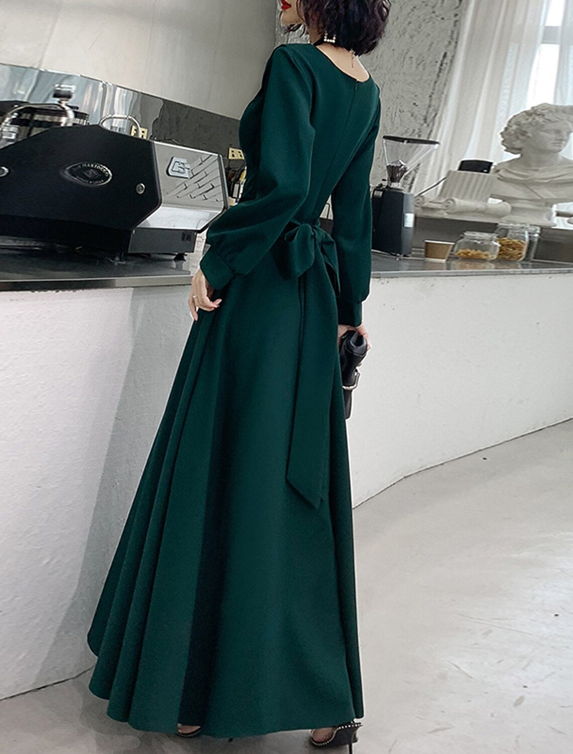 A-Line Evening Gown Minimalist Dress Prom Formal Evening Floor Length Long Sleeve V Neck  Fabric with Sash / Ribbon