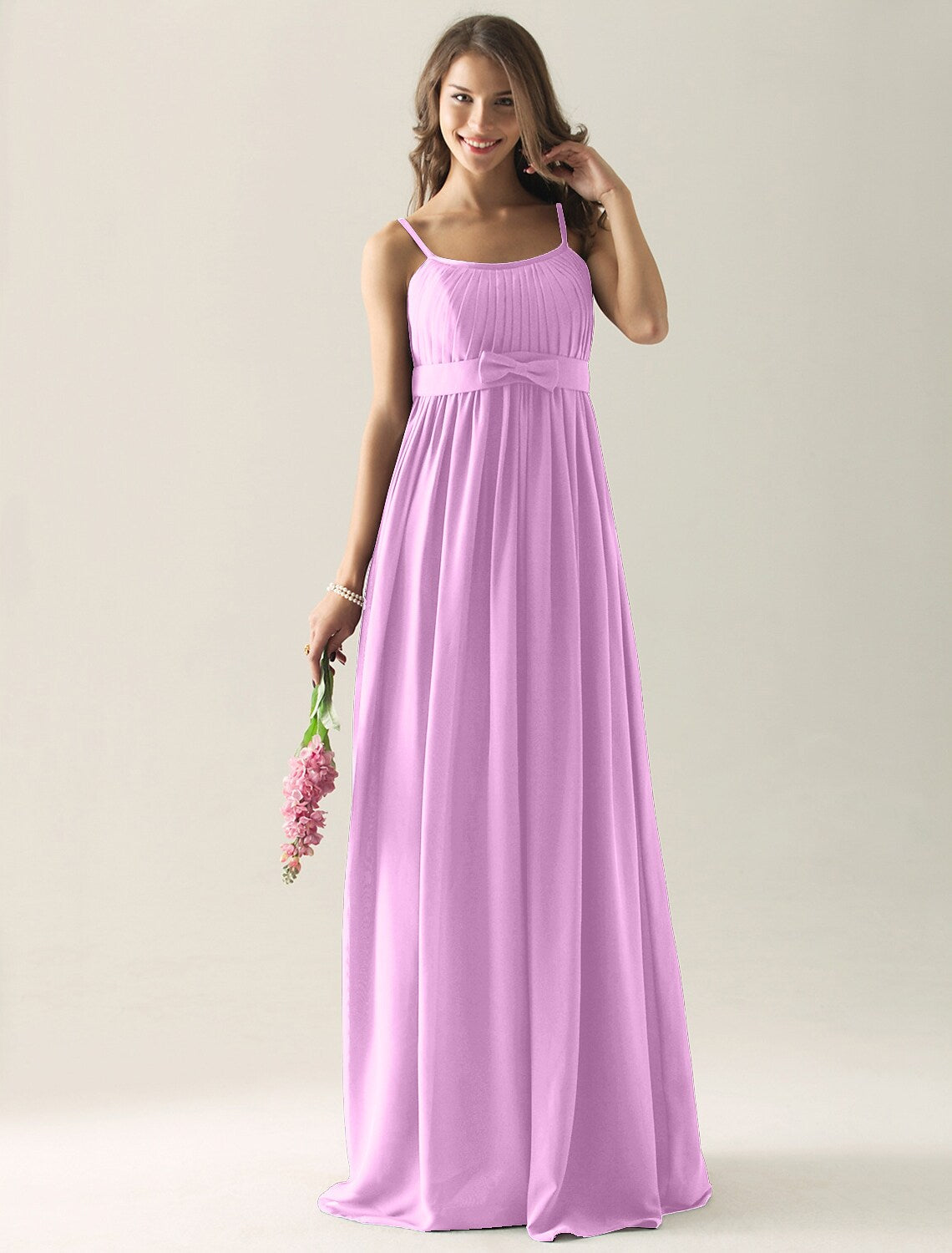 A-Line Bridesmaid Dress Strap Sleeveless Floor Length Chiffon with Bow(s) Pleats